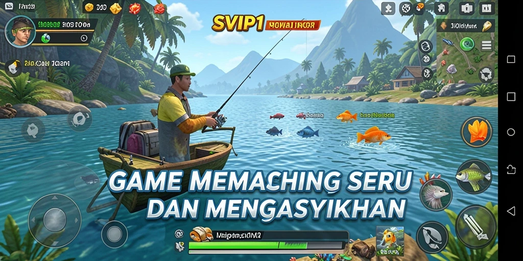 Gameplay seru SVIP1 dengan grafis menawan dan aktivitas memancing.